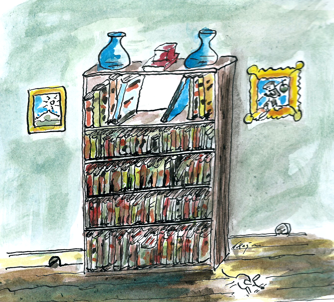Tekening van een boekenkast, met een lege plank